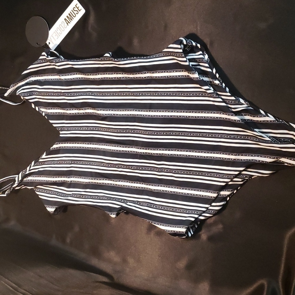 Amuse Society black and white stripe swimsuit with side cut-outs